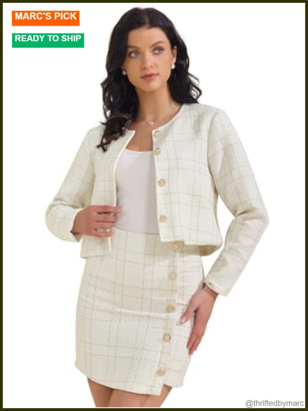 Business Casual 2 Piece Skirt Set - Crop Tweed Blazer Mini Skirt Plaid